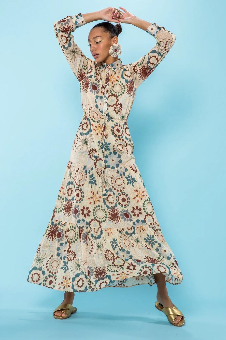 Carolina K Natalie Cream Floral Print Tiered Long Sleeve Maxi Shirt Dress Size S